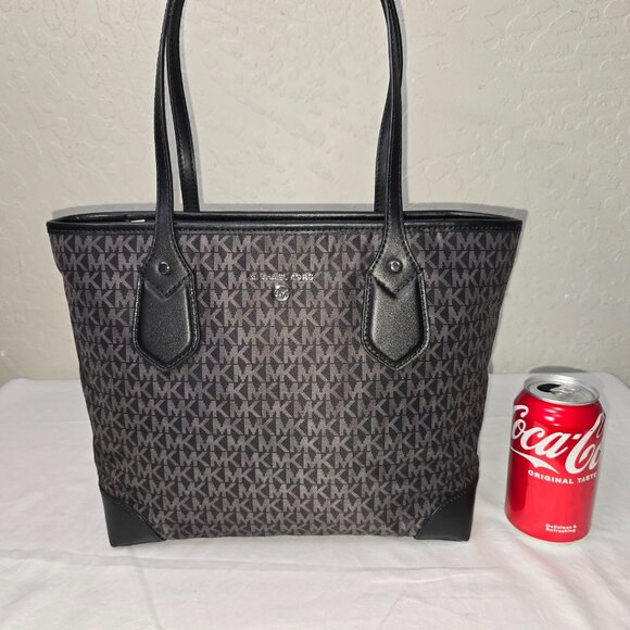 Michael Kors Eva Black / Gray Signature Logo Zip Top Shoulder Tote Bag - Picture 2 of 11